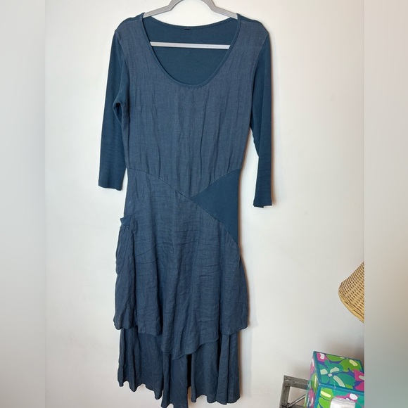 Inizio Italy - Linen Asymmetrical Blue Dress with pockets - Picture 1 of 8